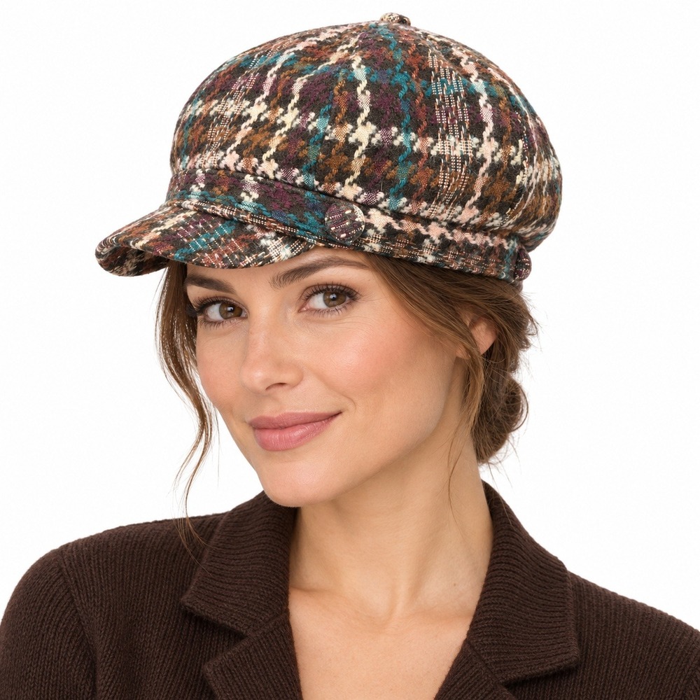 Y2K Tweed Plaid Newsboy Cap Brown Teal Purple Baker Boy Cabbie Boho Preppy Hat